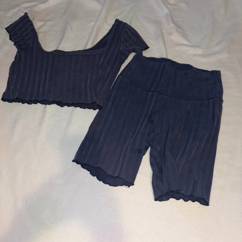 Navy Ribbed Bike Shorts Set - Crop Top & Biker Shorts
